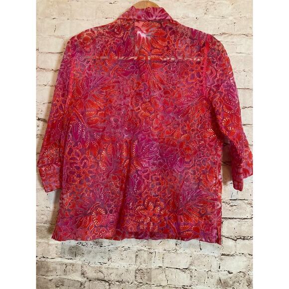 Hearts of Palm Top Womens 10 Petite Pink Glitter Burnout Button Up Sheer Floral - Picture 10 of 12